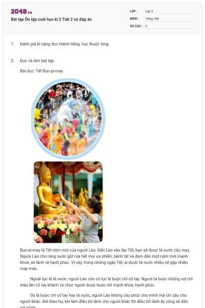 Bài tập Ôn tập cuối học kì 2 Tiết 2 có đáp án