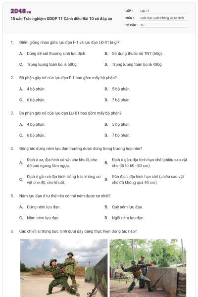 15 câu Trắc nghiệm GDQP 11 Cánh diều Bài 10 có đáp án