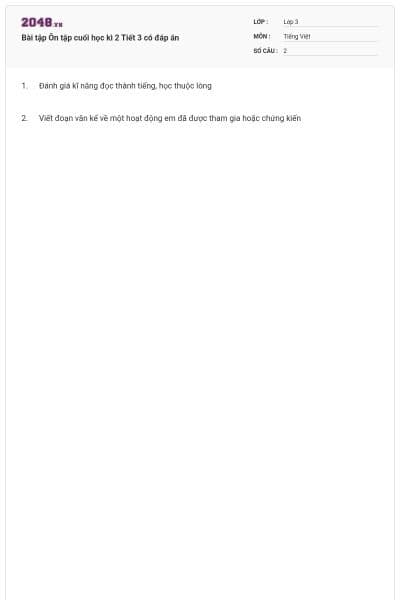 Bài tập Ôn tập cuối học kì 2 Tiết 3 có đáp án