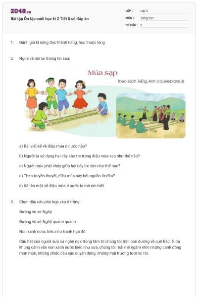 Bài tập Ôn tập cuối học kì 2 Tiết 5 có đáp án