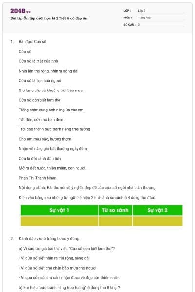 Bài tập Ôn tập cuối học kì 2 Tiết 6 có đáp án