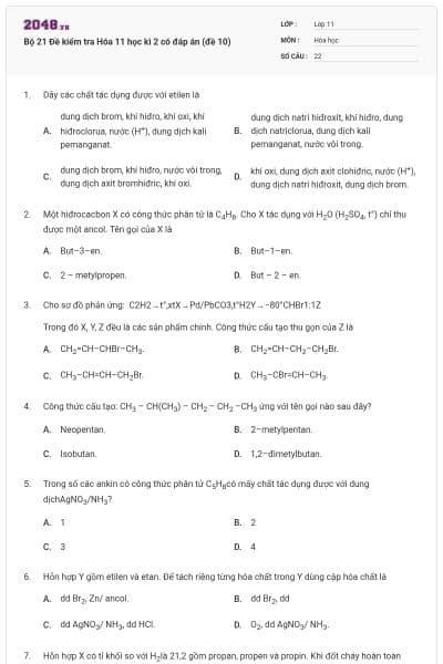 Bộ 21 Đề kiểm tra Hóa 11 học kì 2 có đáp án (đề 10)