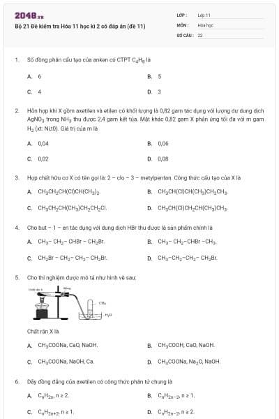 Bộ 21 Đề kiểm tra Hóa 11 học kì 2 có đáp án (đề 11)