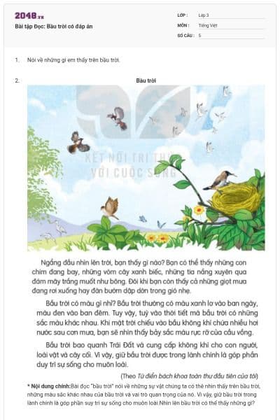 Bài tập Đọc: Bầu trời có đáp án