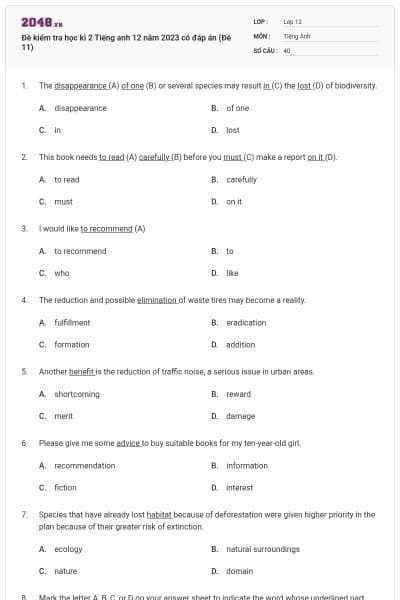 Đề kiểm tra học kì 2 Tiếng anh 12 năm 2023 có đáp án (Đề 11)