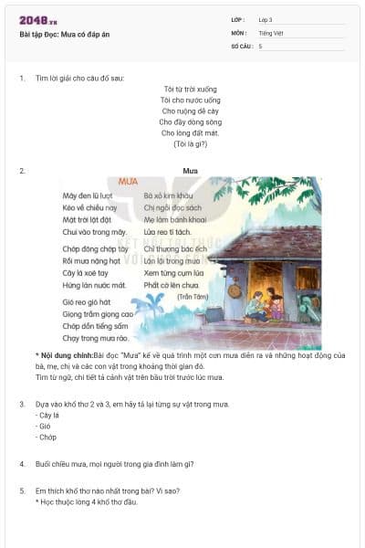 Bài tập Đọc: Mưa có đáp án