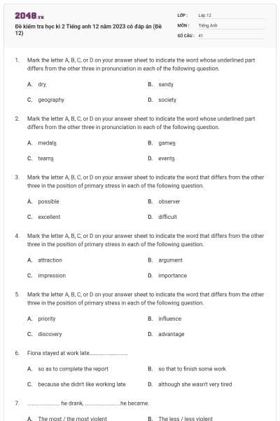 Đề kiểm tra học kì 2 Tiếng anh 12 năm 2023 có đáp án (Đề 12)