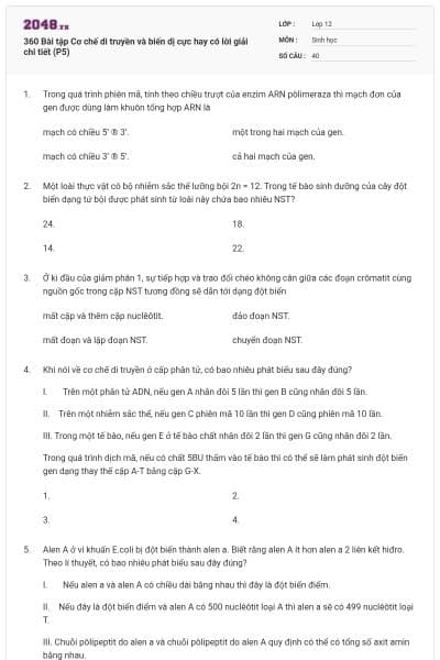 360 Bài tập Cơ chế di truyền và biến dị cực hay có lời giải chi tiết (P5)