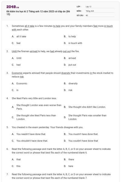 Đề kiểm tra học kì 2 Tiếng anh 12 năm 2023 có đáp án (Đề 15)