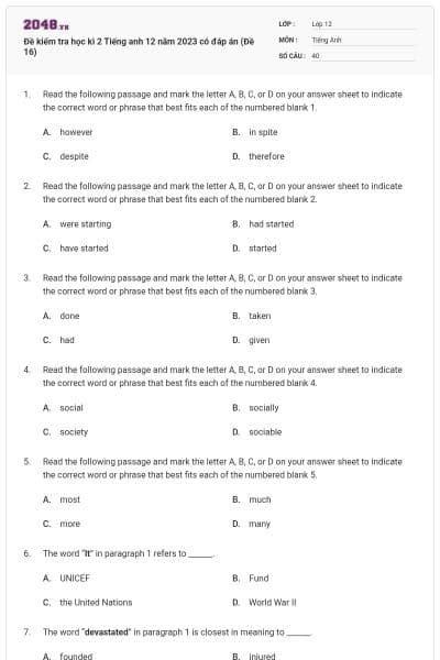 Đề kiểm tra học kì 2 Tiếng anh 12 năm 2023 có đáp án (Đề 16)