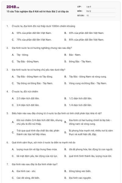 15 câu Trắc nghiệm Địa 8 Kết nối tri thức Bài 2 có đáp án