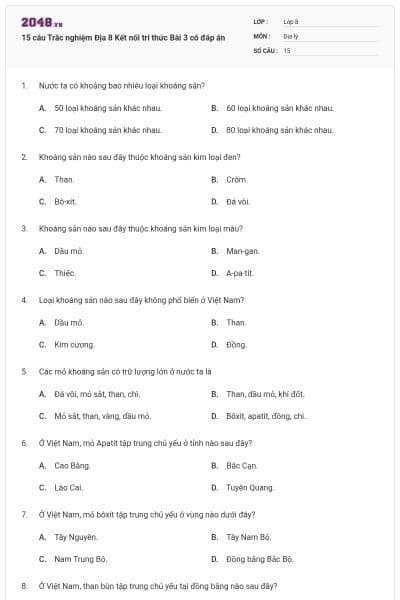 15 câu Trắc nghiệm Địa 8 Kết nối tri thức Bài 3 có đáp án