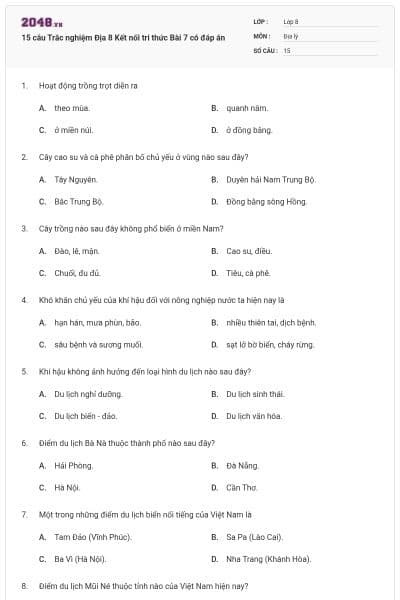 15 câu Trắc nghiệm Địa 8 Kết nối tri thức Bài 7 có đáp án