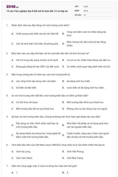 15 câu Trắc nghiệm Địa 8 Kết nối tri thức Bài 12 có đáp án