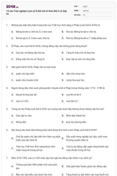15 câu Trắc nghiệm Lịch sử 8 Kết nối tri thức Bài 2 có đáp án
