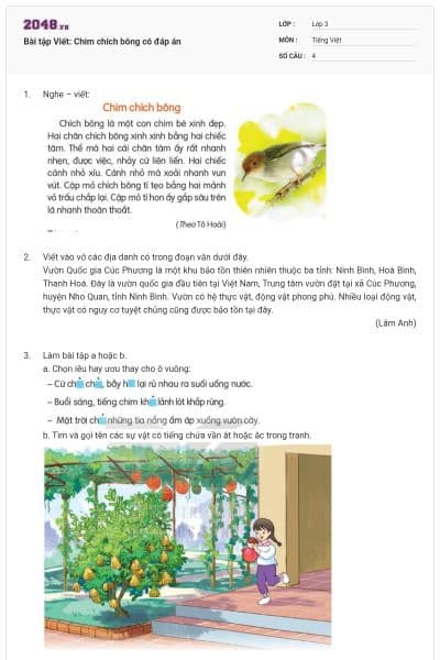 Bài tập Viết: Chim chích bông có đáp án