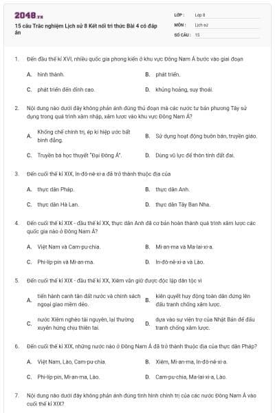 15 câu Trắc nghiệm Lịch sử 8 Kết nối tri thức Bài 4 có đáp án