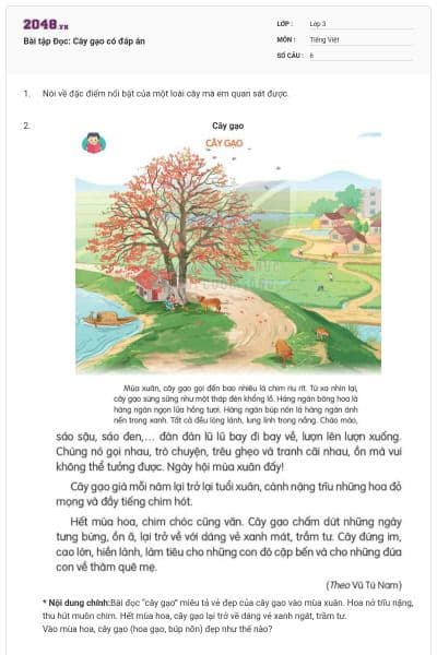 Bài tập Đọc: Cây gạo có đáp án