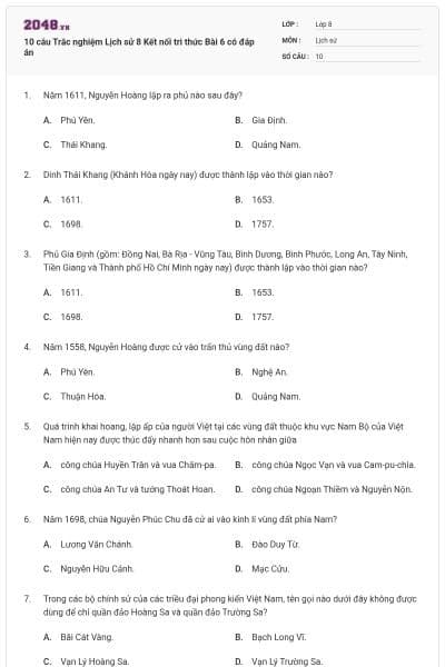 10 câu Trắc nghiệm Lịch sử 8 Kết nối tri thức Bài 6 có đáp án