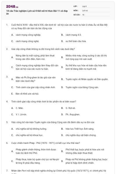 18 câu Trắc nghiệm Lịch sử 8 Kết nối tri thức Bài 11 có đáp án