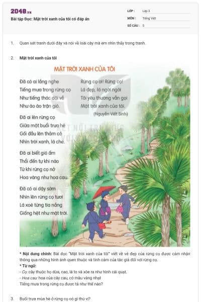 Bài tập Đọc: Mặt trời xanh của tôi có đáp án