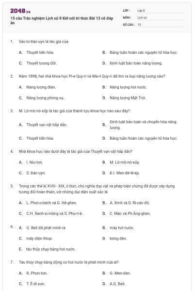 15 câu Trắc nghiệm Lịch sử 8 Kết nối tri thức Bài 13 có đáp án