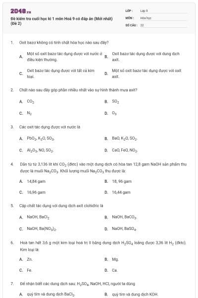 Đề kiểm tra cuối học kì 1 môn Hoá 9 có đáp án (Mới nhất) (Đề 2)