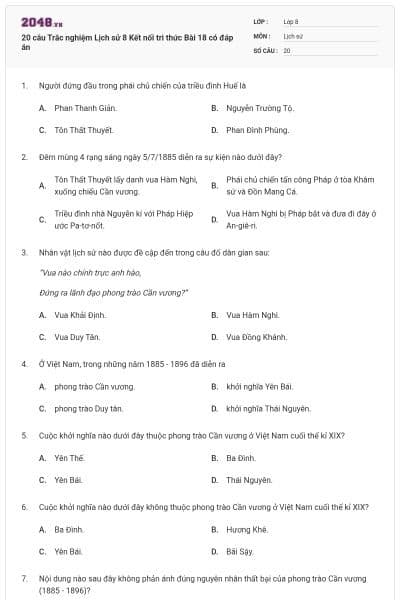 20 câu Trắc nghiệm Lịch sử 8 Kết nối tri thức Bài 18 có đáp án