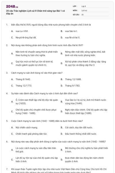 20 câu Trắc nghiệm Lịch sử 8 Chân trời sáng tạo Bài 1 có đáp án