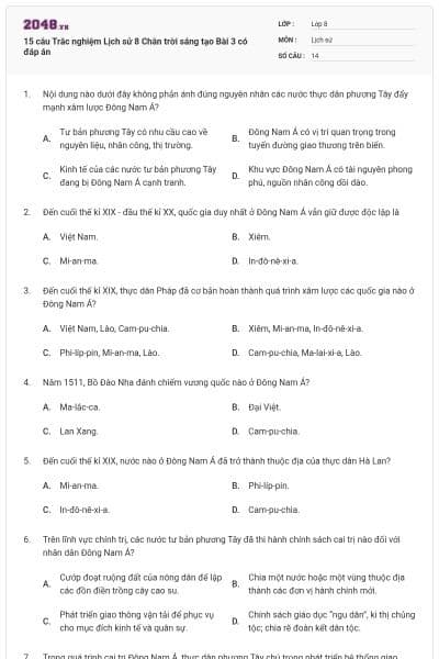 15 câu Trắc nghiệm Lịch sử 8 Chân trời sáng tạo Bài 3 có đáp án