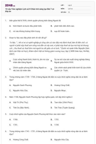 10 câu Trắc nghiệm Lịch sử 8 Chân trời sáng tạo Bài 7 có đáp án