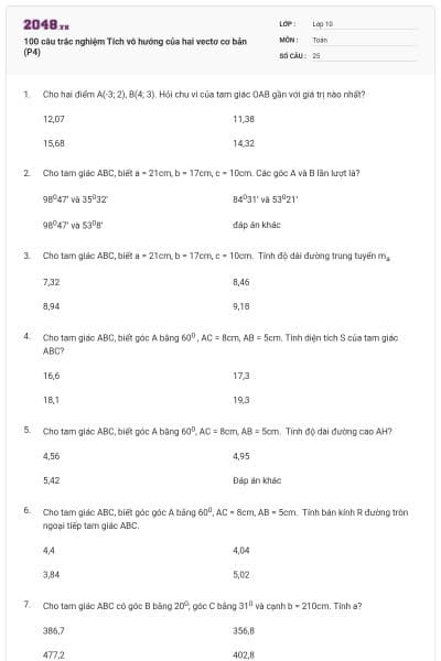 100 câu trắc nghiệm Tích vô hướng của hai vectơ cơ bản (P4)