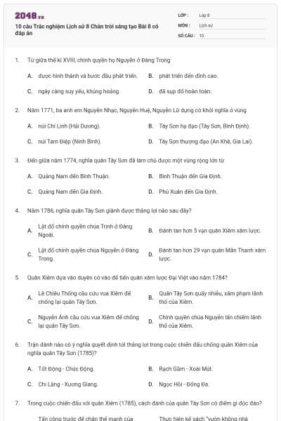 10 câu Trắc nghiệm Lịch sử 8 Chân trời sáng tạo Bài 8 có đáp án