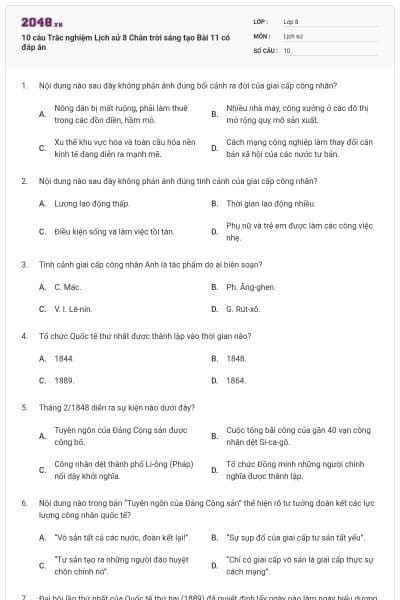 10 câu Trắc nghiệm Lịch sử 8 Chân trời sáng tạo Bài 11 có đáp án