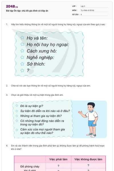 Bài tập Ôn tập: chủ đề gia đình có đáp án