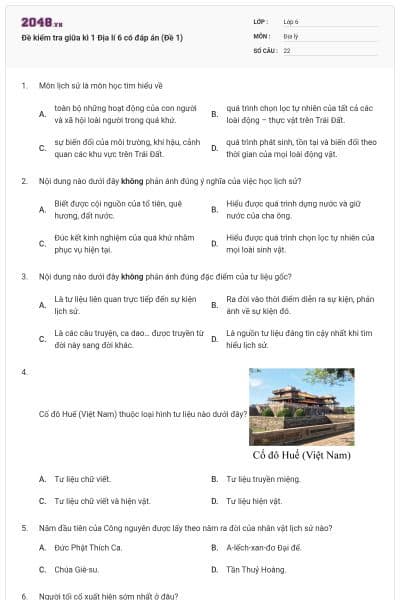 Đề kiểm tra giữa kì 1 Địa lí 6 có đáp án (Đề 1)