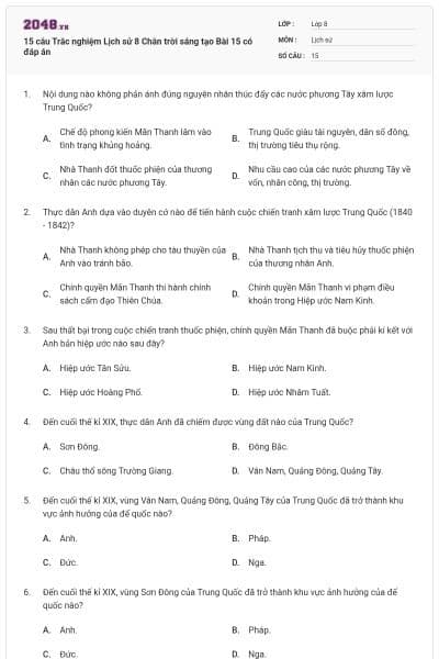 15 câu Trắc nghiệm Lịch sử 8 Chân trời sáng tạo Bài 15 có đáp án