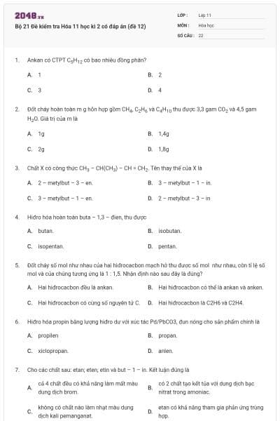 Bộ 21 Đề kiểm tra Hóa 11 học kì 2 có đáp án (đề 12)
