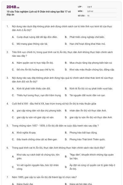 10 câu Trắc nghiệm Lịch sử 8 Chân trời sáng tạo Bài 17 có đáp án