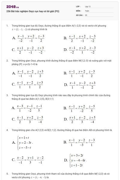 256 Bài trắc nghiệm Oxyz cực hay có lời giải (P3)