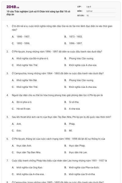 10 câu Trắc nghiệm Lịch sử 8 Chân trời sáng tạo Bài 18 có đáp án