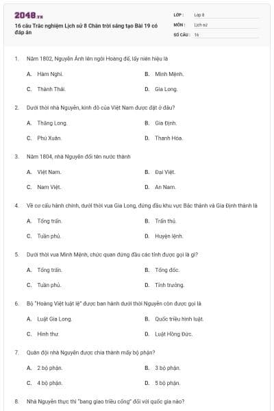16 câu Trắc nghiệm Lịch sử 8 Chân trời sáng tạo Bài 19 có đáp án