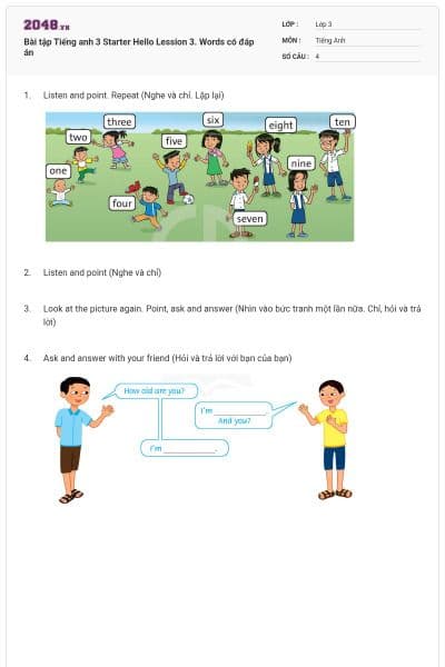 Bài tập Tiếng anh 3 Starter Hello Lession 3. Words có đáp án