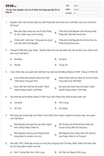 15 câu Trắc nghiệm Lịch sử 8 Chân trời sáng tạo Bài 20 có đáp án