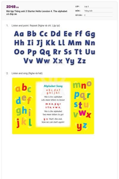 Bài tập Tiếng anh 3 Starter Hello Lession 4. The alphabet có đáp án