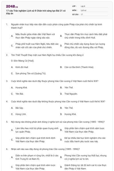 17 câu Trắc nghiệm Lịch sử 8 Chân trời sáng tạo Bài 21 có đáp án