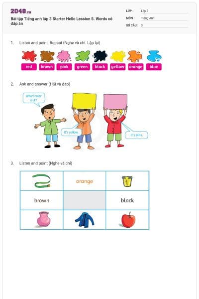 Bài tập Tiếng anh lớp 3 Starter Hello Lession 5. Words có đáp án