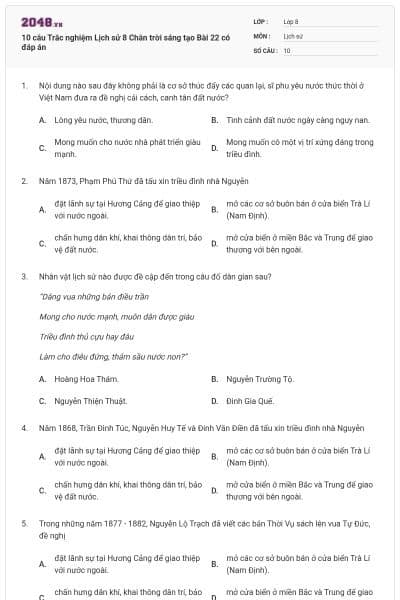 10 câu Trắc nghiệm Lịch sử 8 Chân trời sáng tạo Bài 22 có đáp án