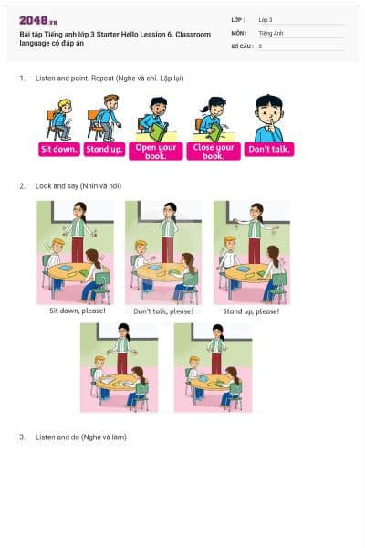 Bài tập Tiếng anh lớp 3 Starter Hello Lession 6. Classroom language có đáp án