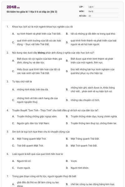 Đề kiểm tra giữa kì 1 Địa lí 6 có đáp án (Đề 3)
